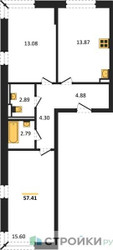 Планировка двухкомнатной(квартира) площадью 57.41 квадратных метров в ЖК “ЖК Квартал Марьино”