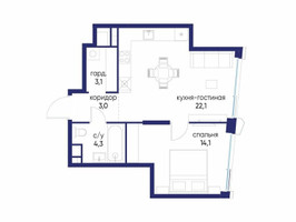 Планировка однокомнатной(квартира) площадью 46.62 квадратных метров в “ЖК Остров”