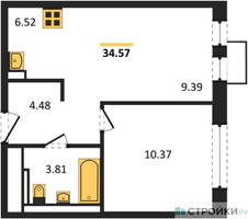 Планировка однокомнатной(квартира) площадью 34.57 квадратных метров в “ЖК Квартал Ивакино”