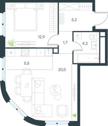 Планировка двухкомнатной(квартира) площадью 49.5 квадратных метров в ЖК “ЖК Level Нижегородская”