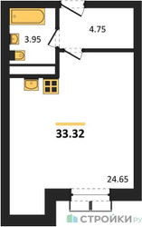 Планировка студии(квартира) площадью 33.32 квадратных метров в ЖК “ЖК Радость (Радумля Парк)”