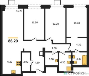 Планировка трехкомнатной(квартира) площадью 86.2 квадратных метров в ЖК “ЖК Новые смыслы”