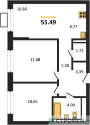 Планировка двухкомнатной(квартира) площадью 55.49 квадратных метров в ЖК “Прибрежный Парк”