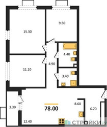 Планировка трехкомнатной(квартира) площадью 78 квадратных метров в ЖК “Бунинские кварталы”