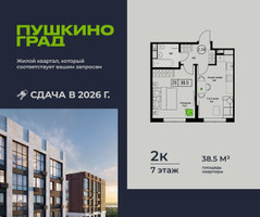 Планировка однокомнатной(квартира) площадью 38.5 квадратных метров в “ЖК Пушкино Град”