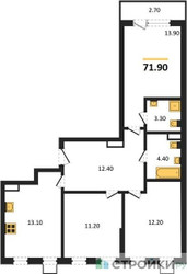 Планировка трехкомнатной(квартира) площадью 71.9 квадратных метров в ЖК “ЖК Деснаречье”