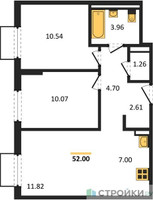 Планировка двухкомнатной(квартира) площадью 51.96 квадратных метров в “ЖК Мытищи Парк”