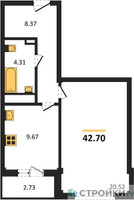 Планировка однокомнатной(квартира) площадью 42.7 квадратных метров в “ЖК Ново-Никольское”