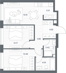 Планировка двухкомнатной(квартира) площадью 60.78 квадратных метров в ЖК “ЖК TATE (Тэйт)”
