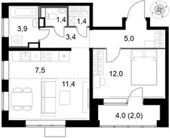 Планировка двухкомнатной(квартира) площадью 48 квадратных метров в “ЖК 1-й Химкинский (Первый Химкинский)”