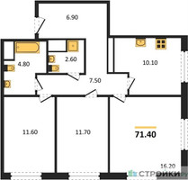 Планировка трехкомнатной(квартира) площадью 71.4 квадратных метров в “ЖК Заречье Парк”