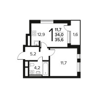 Планировка однокомнатной(квартира) площадью 35.6 квадратных метров в “Новые Ватутинки. Заречный”