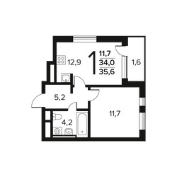 Планировка однокомнатной(квартира) площадью 35.6 квадратных метров в ЖК “Новые Ватутинки. Заречный”