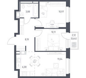 Планировка двухкомнатной(квартира) площадью 51.51 квадратных метров в ЖК “ЖК Большое Путилково”