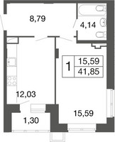 Планировка однокомнатной(квартира) площадью 41.9 квадратных метров в “ЖК Времена года”