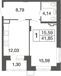 Планировка однокомнатной(квартира) площадью 41.9 квадратных метров в ЖК “ЖК Времена года”