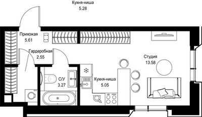 Планировка студии(квартира) площадью 30.06 квадратных метров в ЖК “Дом премиум-класса МИРА”
