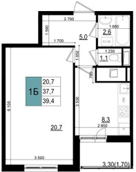 Планировка однокомнатной(квартира) площадью 39.4 квадратных метров в ЖК “ЖК Одинцово Сити”