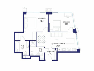 Планировка двухкомнатной(квартира) площадью 66.62 квадратных метров в ЖК “ЖК Остров”