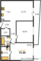 Планировка двухкомнатной(квартира) площадью 75.3 квадратных метров в ЖК “Квартал Foriver”