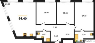 Планировка трехкомнатной(квартира) площадью 94.4 квадратных метров в “ЖК Шагал”