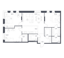 Планировка трехкомнатной(квартира) площадью 106 квадратных метров в “ЖК Заречье Парк”