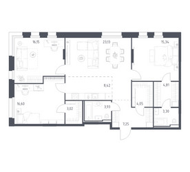 Планировка трехкомнатной(квартира) площадью 106 квадратных метров в ЖК “ЖК Заречье Парк”