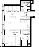 Планировка однокомнатной(квартира) площадью 42.9 квадратных метров в “ЖК Сити Бэй”