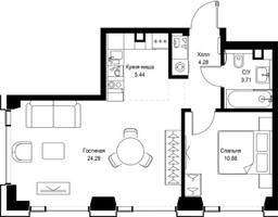Планировка однокомнатной(квартира) площадью 48.59 квадратных метров в “ЖК СЕТ”