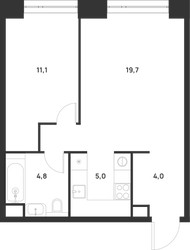 Планировка однокомнатной(квартира) площадью 44.6 квадратных метров в ЖК “ЖК Войс”