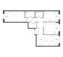 Планировка трехкомнатной(квартира) площадью 76.88 квадратных метров в “ЖК Прибрежный Парк”