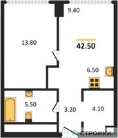 Планировка однокомнатной(квартира) площадью 42.5 квадратных метров в “ЖК River Park Кутузовский (Ривер Парк Тауэрс)”
