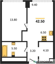 Планировка однокомнатной(квартира) площадью 42.5 квадратных метров в ЖК “ЖК River Park Кутузовский (Ривер Парк Тауэрс)”