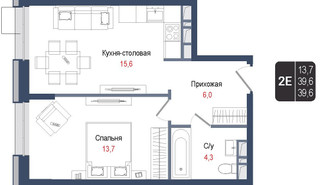 Планировка двухкомнатной(квартира) площадью 39.6 квадратных метров в “ЖК КИНОКВАРТАЛ”