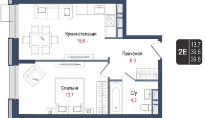 Планировка двухкомнатной(квартира) площадью 39.6 квадратных метров в ЖК “ЖК КИНОКВАРТАЛ”