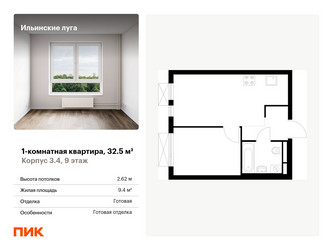 Планировка однокомнатной(квартира) площадью 32.5 квадратных метров в ЖК “ЖК Ильинские луга”