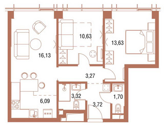 Планировка двухкомнатной(квартира) площадью 59.2 квадратных метров в ЖК “ЖК Symphony 34 (Симфония 34)”