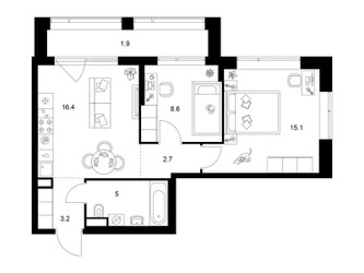 Планировка двухкомнатной(квартира) площадью 52.8 квадратных метров в ЖК “Бунинская набережная”