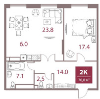 Планировка двухкомнатной(квартира) площадью 70.8 квадратных метров в “ЖК Legacy (Легаси)”