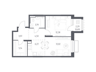 Планировка однокомнатной(квартира) площадью 48.76 квадратных метров в ЖК “ЖК Долина Яузы”