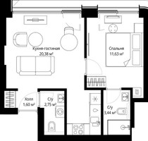 Планировка однокомнатной(квартира) площадью 39.2 квадратных метров в “ЖК Сити Бэй”