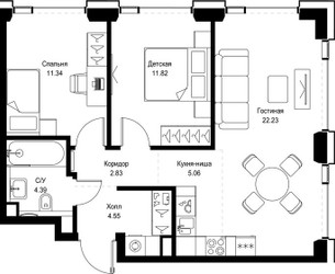 Планировка двухкомнатной(квартира) площадью 62.22 квадратных метров в ЖК “ЖК СЕТ”