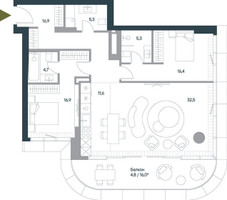Планировка трехкомнатной(квартира) площадью 114.4 квадратных метров в “ЖК Springs (Спрингс)”