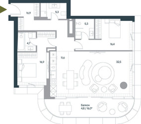 Планировка трехкомнатной(квартира) площадью 114.4 квадратных метров в ЖК “ЖК Springs (Спрингс)”