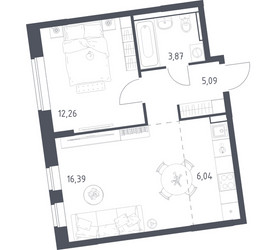 Планировка однокомнатной(квартира) площадью 43.65 квадратных метров в ЖК “ЖК Подольские кварталы”