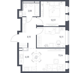 Планировка двухкомнатной(квартира) площадью 50.87 квадратных метров в ЖК “ЖК Большое Путилково”