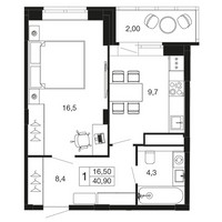 Планировка однокомнатной(квартира) площадью 40.9 квадратных метров в “ЖК Времена года”