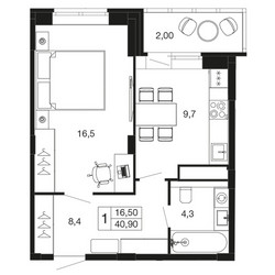 Планировка однокомнатной(квартира) площадью 40.9 квадратных метров в ЖК “ЖК Времена года”