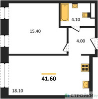 Планировка однокомнатной(квартира) площадью 41.6 квадратных метров в “ЖК Шагал”