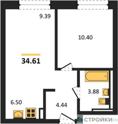 Планировка однокомнатной(квартира) площадью 34.61 квадратных метров в ЖК “ЖК Рублевский Квартал”